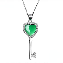 Load image into Gallery viewer, Lokaloca Natural Green Chalcedony Jade Love Key Pendant 925 Silver Jewelry Necklace
