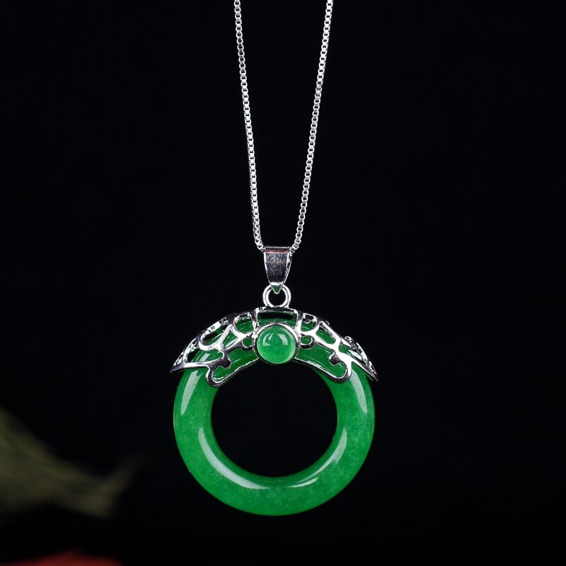 Handcrafted  Natural Green Jade Circle Pendant with 925 Sterling Silver Necklace