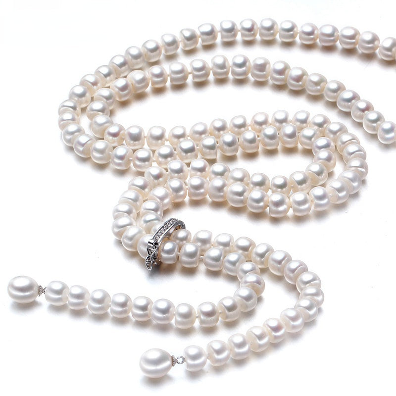 Natural White Freshwater Pearl Beaded Long Necklace for Ladies