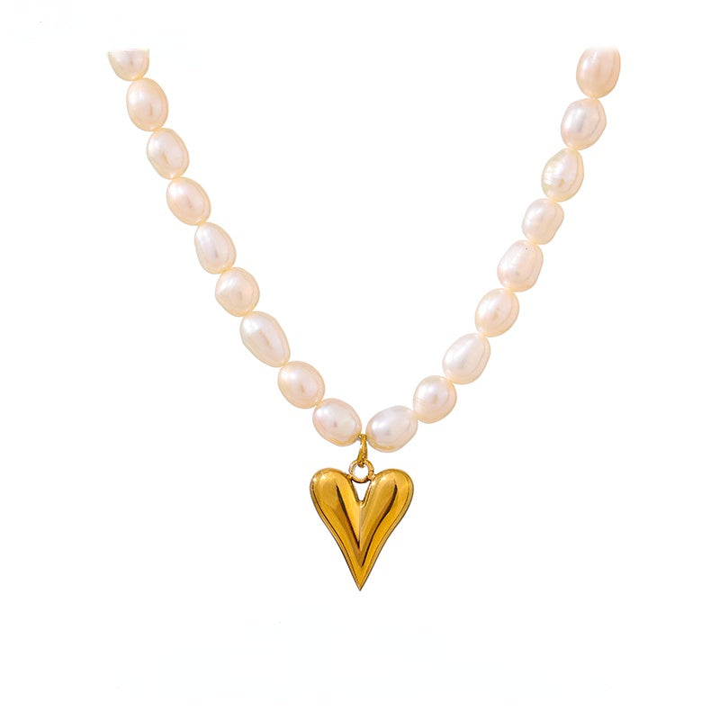 Natural Freshwater Pearl Beaded Golden Heart Pendant Necklace