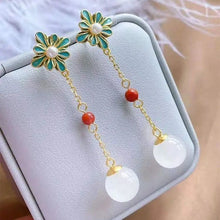 Load image into Gallery viewer, Original Long Flower Natural Fine White Jade Round Pearl Earrings Classical Luxury Ladies Silver Jewelry
