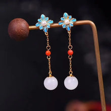 Load image into Gallery viewer, Original Long Flower Natural Fine White Jade Round Pearl Earrings Classical Luxury Ladies Silver Jewelry
