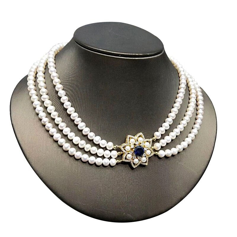 Multi Layered Natural Freshwater Pearl Pendant Necklace Choker for Ladies