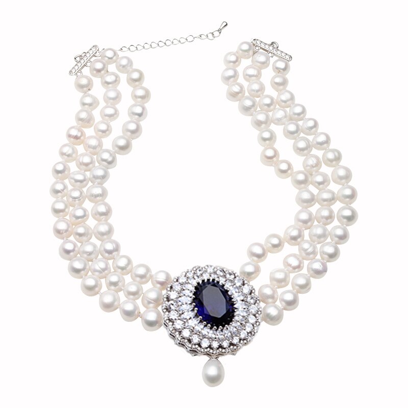 Luxury Multi Layer White Natural Freshwater Pearl Sapphire Crystal Pendant Necklace for Ladies