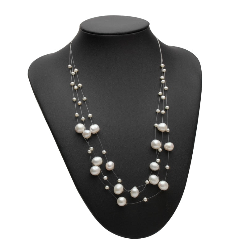 Multi Layer Natural Round Freshwater Pearl Beaded Choker Necklace for Ladies