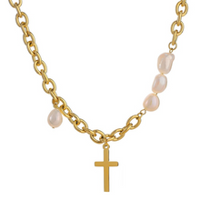 Load image into Gallery viewer, Natural Freshwater Pearl Beaded Gold Plated Cross Pendant Necklace for Ladies
