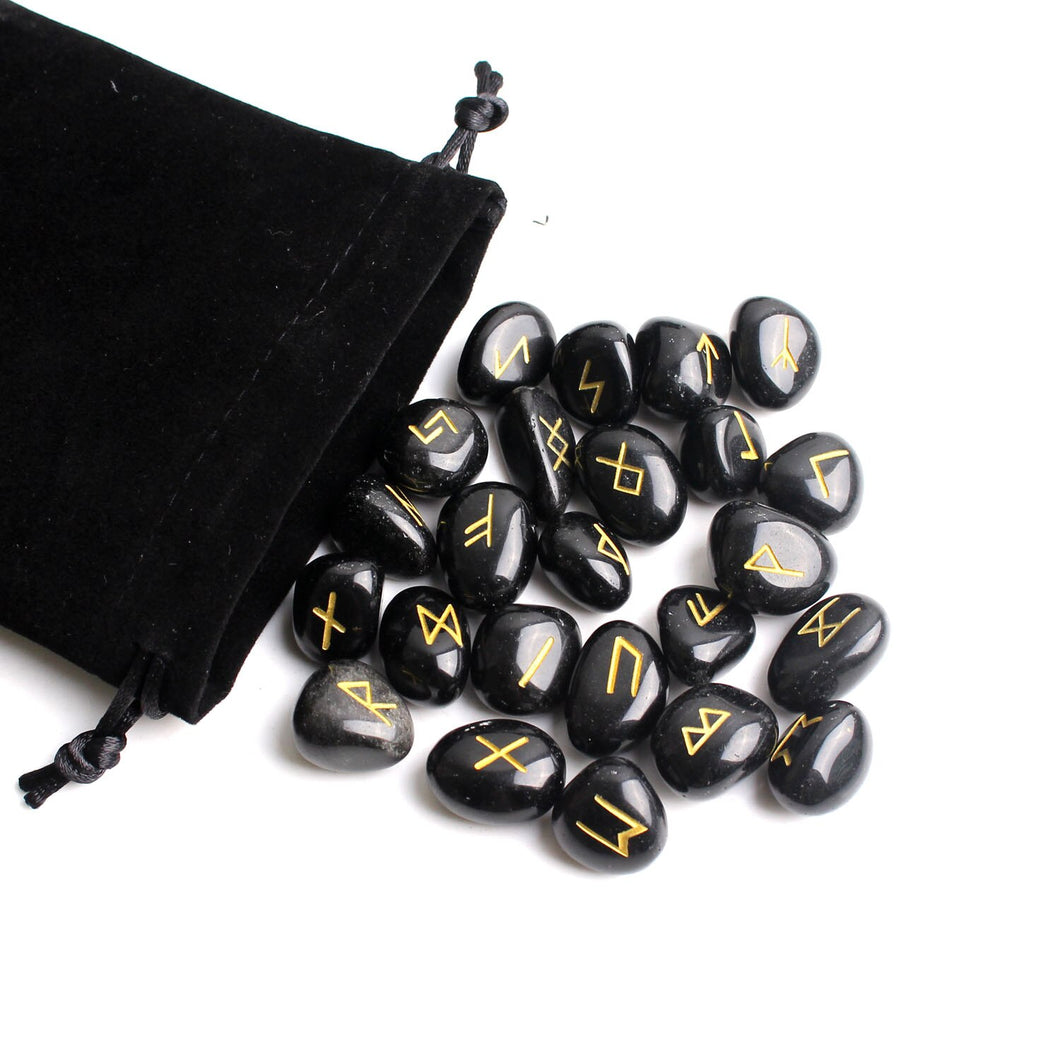 25Pcs Natural Carved Runes Black Obsidian Fortune-telling Healing Meditation Crystal Sets