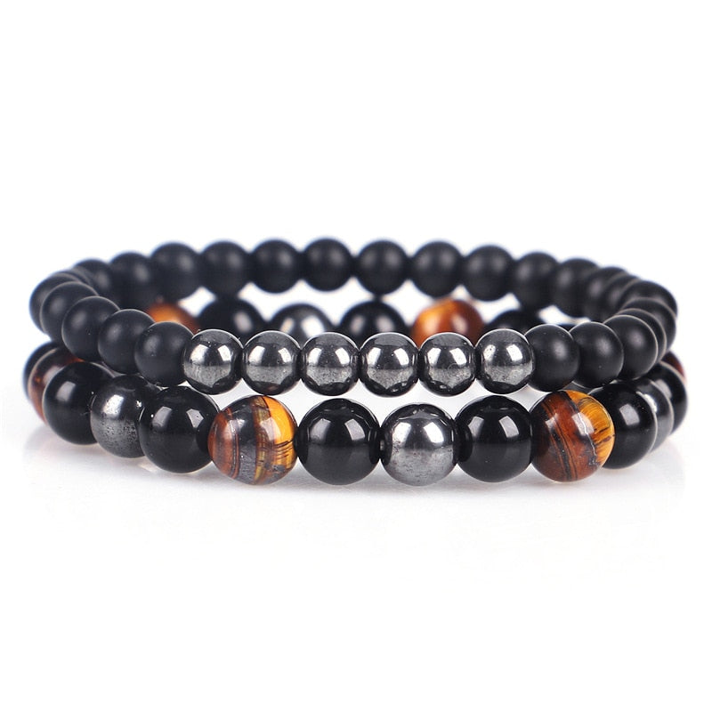 2PCS Set Natural Black Obsidian Tiger Eye Hematite Beaded Bracelet