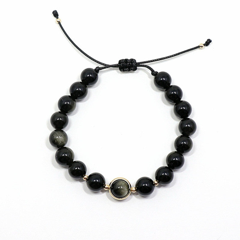 Designer Natural Black Golden Obsidian Beaded Adjustable Bracelet