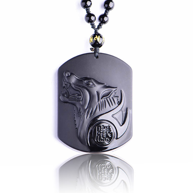 Handcrafted Natural Black Obsidian Carving Wolf Head Pendant Necklace