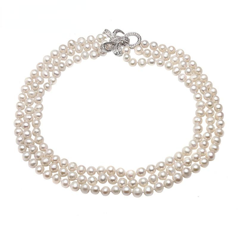 Multi Strands Natural Freshwater Round Pearl Charm Necklace Choker for Ladies