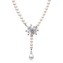 Load image into Gallery viewer, Natural White Freshwater Pearl Beaded Blossom Pendant Long Necklace for Ladies
