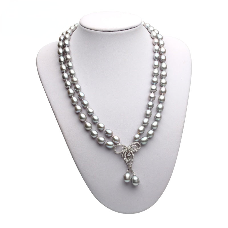 Double Strands Natural Gray Freshwater Pearl Beaded Pendant Necklace for Ladies