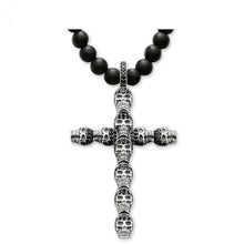 Load image into Gallery viewer, Natural Black Obidian Beaded With 925 Sterling Silver Skull Cross Pendant Necklace
