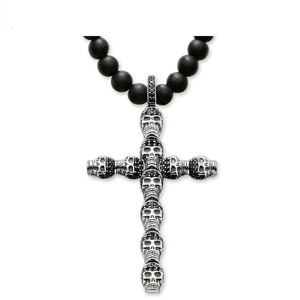 Natural Black Obidian Beaded With 925 Sterling Silver Skull Cross Pendant Necklace