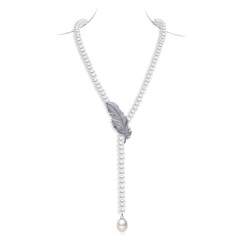 Natural Freshwater Beaded Pearl 925 Sterling Silver Feather Pendant Necklace for Ladies