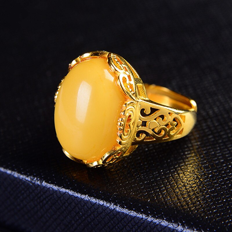 Lokaloca Golden Time 925 Silver Natural Yellow Jade Inlaid  Adjustable Ring