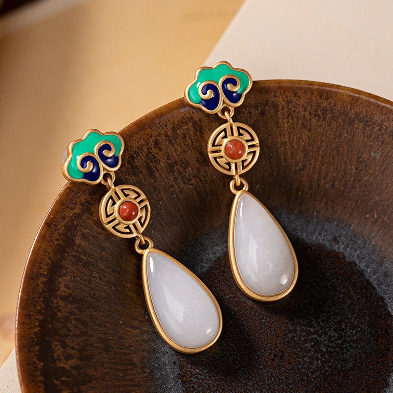 925 Silver Inlaid Natural White Jade Drop Earrings Vintage Style Retro Enamel Cloisonne Women's Brand Jewelry