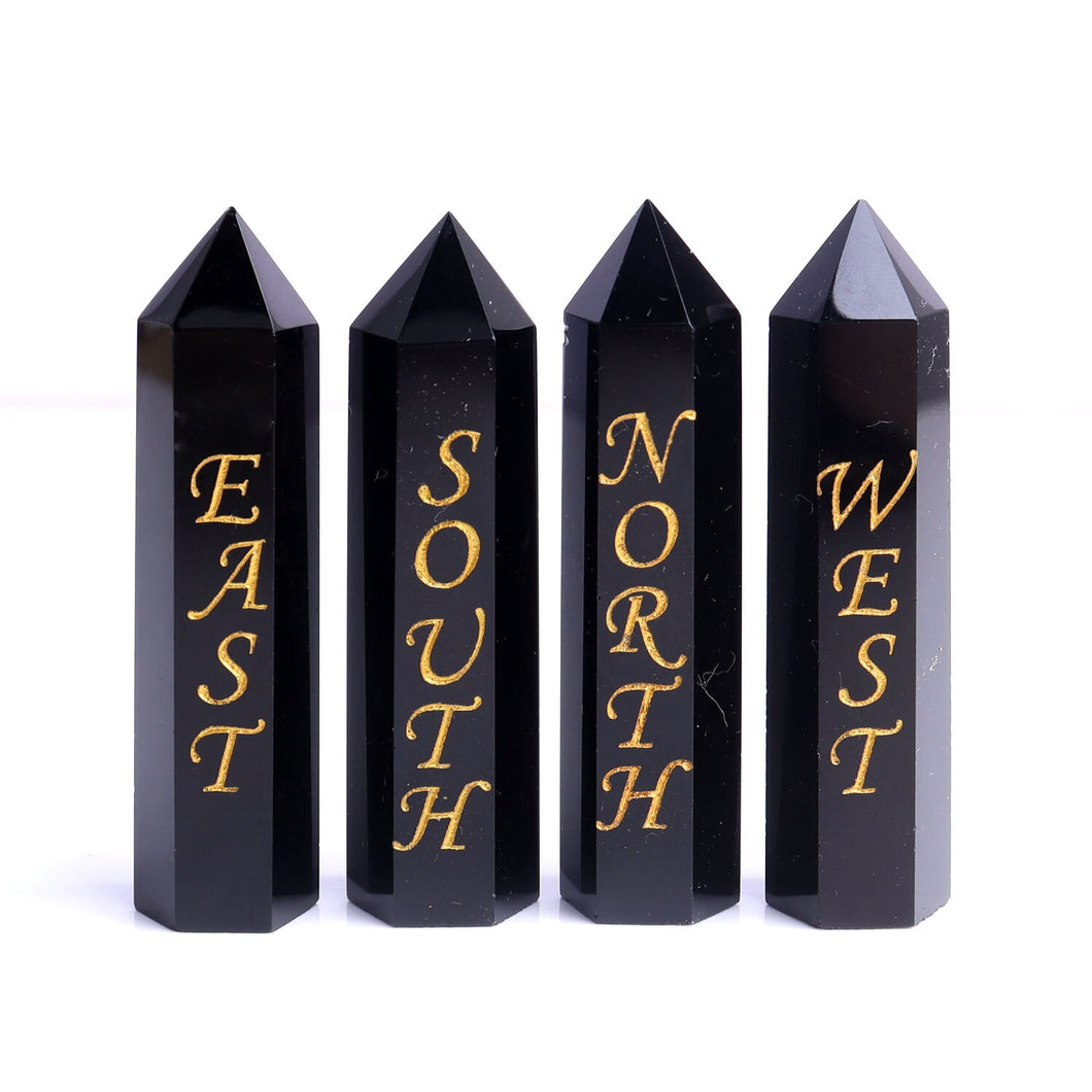 4Pcs/Set Handcrafted Natural Black Obsidian Wand with East South West North Engrave Runes