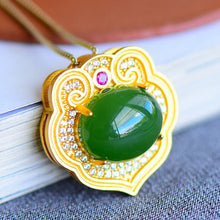 Load image into Gallery viewer, Ancient Golden Craft Inlaid Natural Fine Jade Oval Green Pendant Necklace Elegant Luxury Ladies Silver Jewelry
