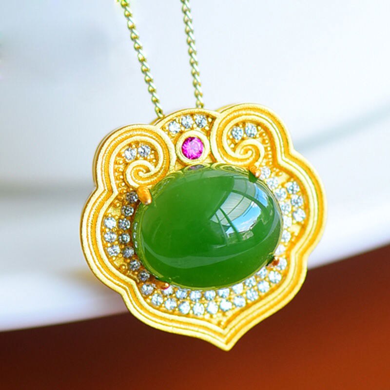 Ancient Golden Craft Inlaid Natural Fine Jade Oval Green Pendant Necklace Elegant Luxury Ladies Silver Jewelry