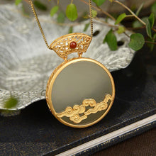 Load image into Gallery viewer, Ancient Golden Craftsmanship Inlaid Natural Fine Jade Boho Auspicious Clouds Pendant Necklace Ladies Silver Jewelry
