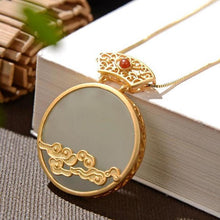 Load image into Gallery viewer, Ancient Golden Craftsmanship Inlaid Natural Fine Jade Boho Auspicious Clouds Pendant Necklace Ladies Silver Jewelry
