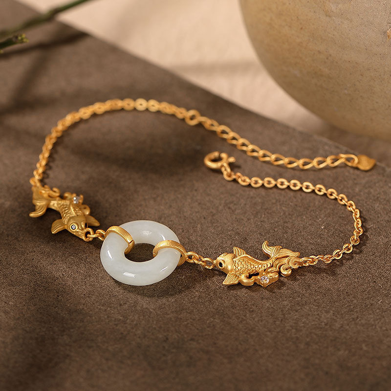 Ancient Golden Craftsmanship Inlaid Natural Fine White Jade Bracelet Exquisite and Elegant Ladies Silver Jewelry