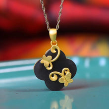 Load image into Gallery viewer, Ancient Golden Craftsmanship Inlaid Natural Fine Black Jade Clover Shape Butterfly Ladies Clavicle Necklace Pendant
