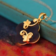 Load image into Gallery viewer, Ancient Golden Craftsmanship Inlaid Natural Fine Black Jade Clover Shape Butterfly Ladies Clavicle Necklace Pendant
