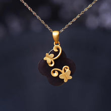 Load image into Gallery viewer, Ancient Golden Craftsmanship Inlaid Natural Fine Black Jade Clover Shape Butterfly Ladies Clavicle Necklace Pendant
