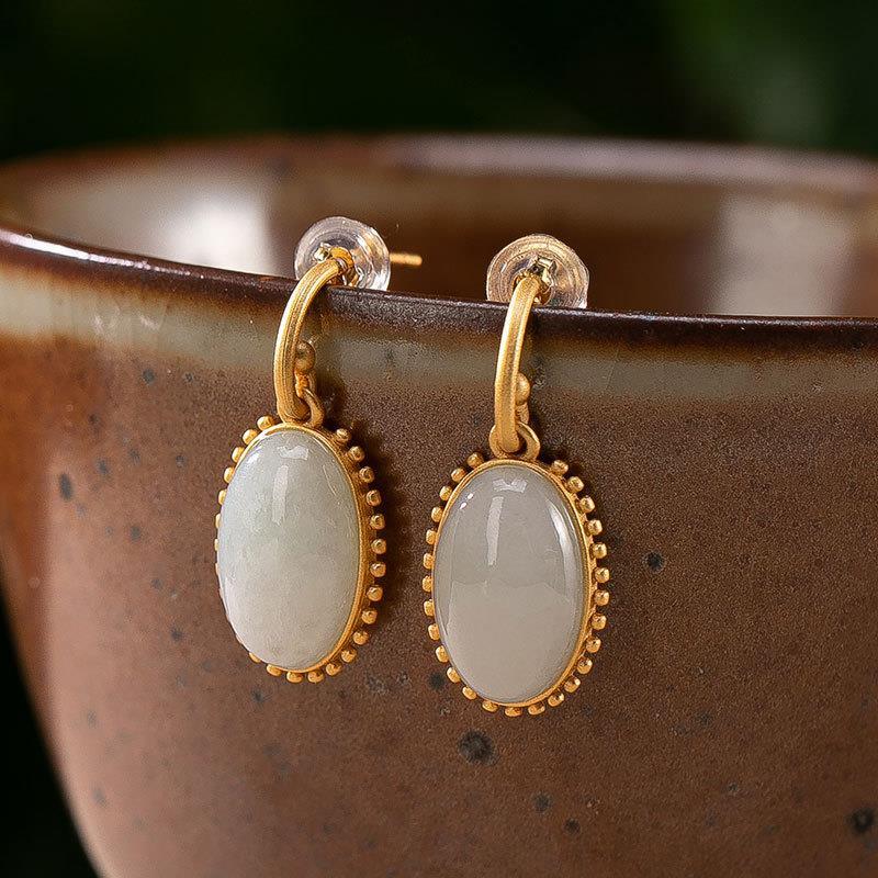 Designer Craftsmanship Inlaid Oval Natural Fine Jade Earrings Luxury Ladies Silver Jewelry