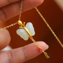 Load image into Gallery viewer, Ancient Golden Craftsmanship Inlaid Natural Fine White Jade Butterfly Tassel Necklace Pendant Exquisite Ladies Silver Jewelry
