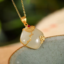 Load image into Gallery viewer, Ancient Golden Craftsmanship Inlaid Natural Fine White Jade Pendant Necklace Vintage Elegant Ladies Silver Jewelry
