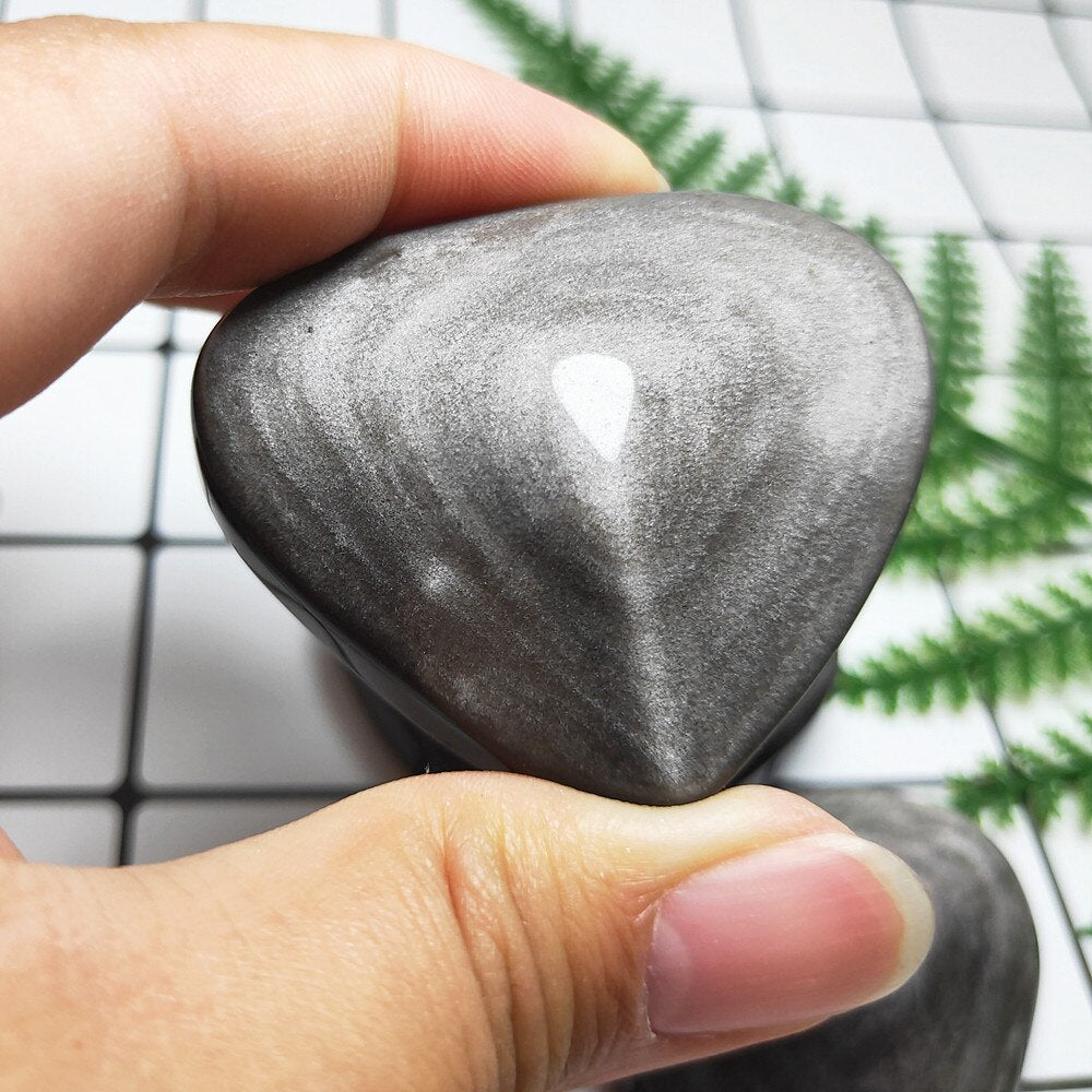 Handpolished 50-55mm Heart Shaped Natural Silver Obsidian Crystal