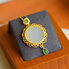 Load image into Gallery viewer, Ancient Golden Craftsmanship Inlaid Natural Fine White Jade Round Necklace Pendant Lady Silver Jewelry
