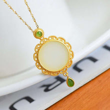 Load image into Gallery viewer, Ancient Golden Craftsmanship Inlaid Natural Fine White Jade Round Necklace Pendant Lady Silver Jewelry
