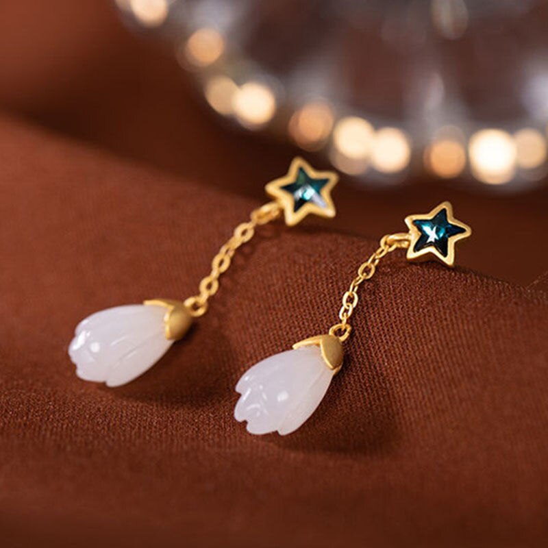 New Style Ancient Golden Craftsmanship Natural Fine White Jade Magnolia Earrings Elegant Exquisite Ladies Silver Jewelry