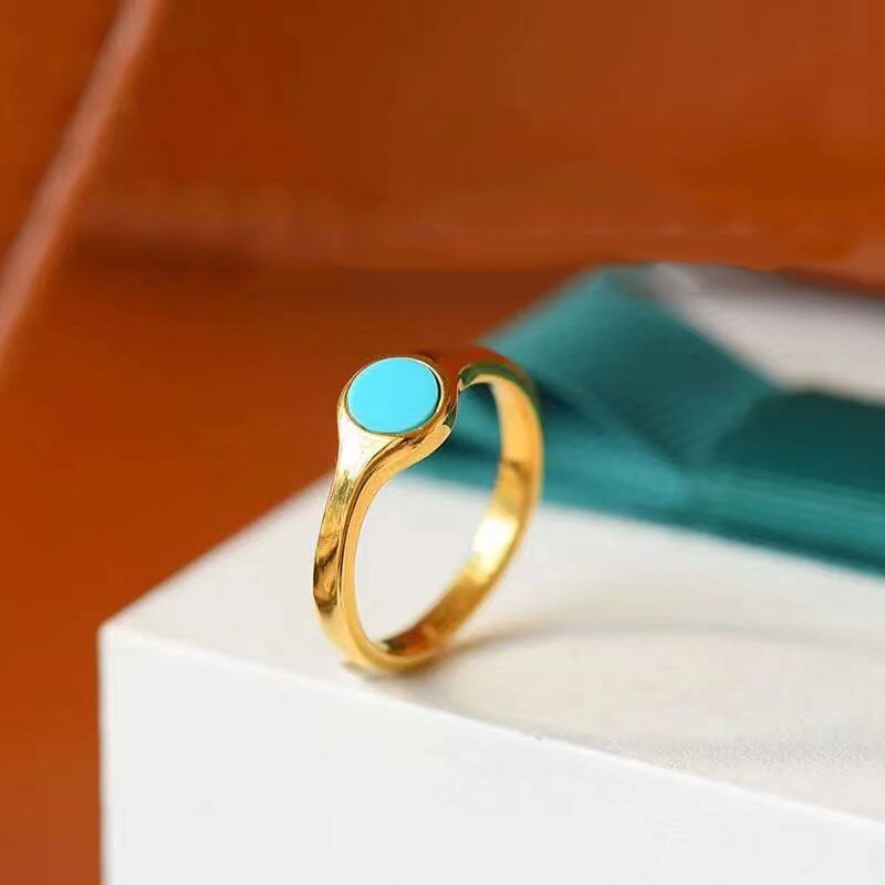 Autumn New Style Inlaid Flat Blue Turquoise Opening Adjustable Ring Exquisite Ladies Silver Jewelry