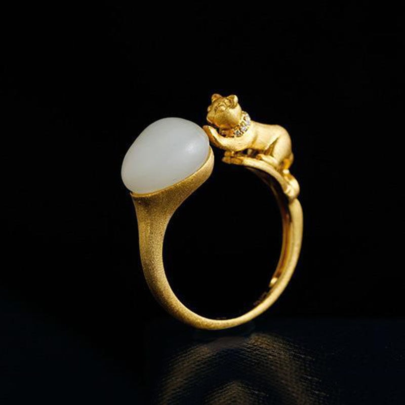 New Style Inlaid Fine Jade Cat Opening Adjustable Ring Retro Elegant Charm Ladies Silver Jewelry