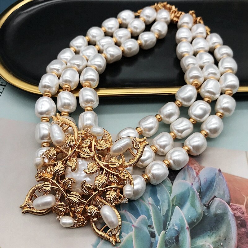 Handmade Luxury Multi Strands Baroque Pearl Pendant Necklace