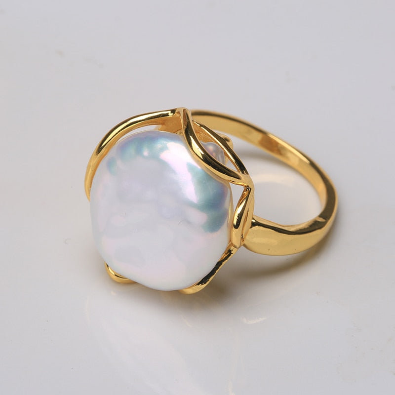 Eternal Iridescent 18K Gold Plated Natural Baroque Pearl Resizable Ring