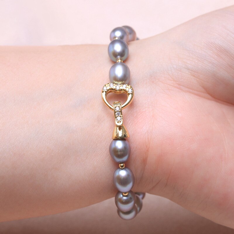 Ineffable Design Heart Clasp Natural Gray Freshwater Baroque Pearl Beaded Bracelet