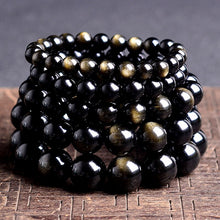 Load image into Gallery viewer, Natural Black Golden Obsidian 8/10/12/14/16mm Beaded Power Healing Chakra Reiki Stretch Bracelet
