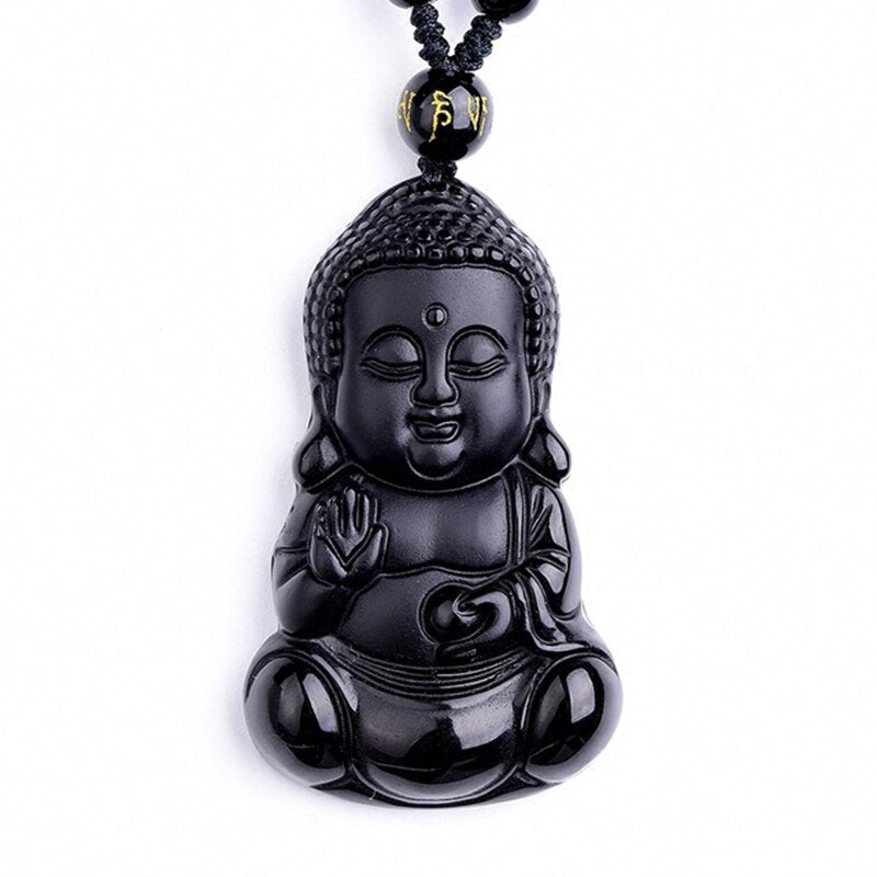 Handcrafted Natural Black Obsidian Baby Buddha Pendant Necklace