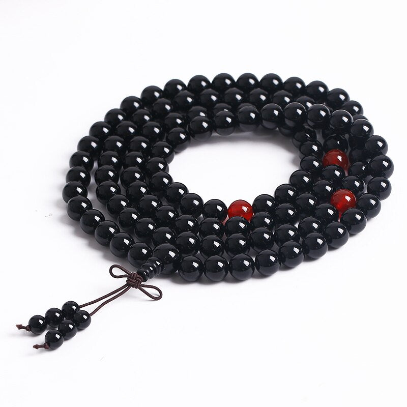 Multilayer 108 Natural Black Obsidian Red Agate Beads Charm Bracelet