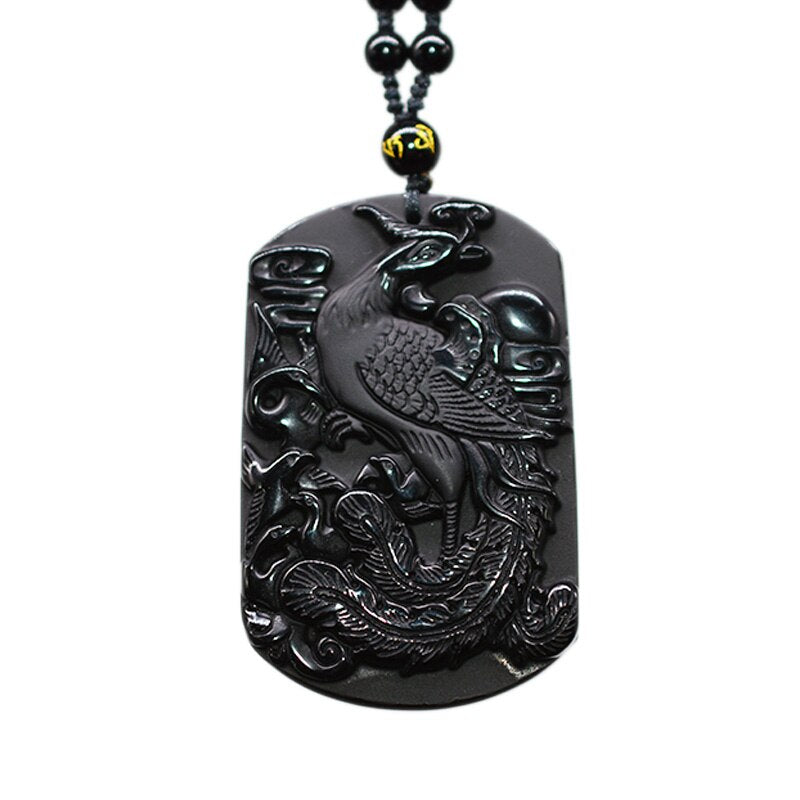 Handcrafted Black Obsidian Phoenix Amulet Pendant Necklace