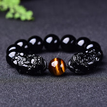 Load image into Gallery viewer, Handcrafted Black Obsidian Beaded Good Fortune Tiger Eye Stone Piyao Charm Bracelet
