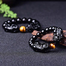 Load image into Gallery viewer, Handcrafted Black Obsidian Beaded Good Fortune Tiger Eye Stone Piyao Charm Bracelet
