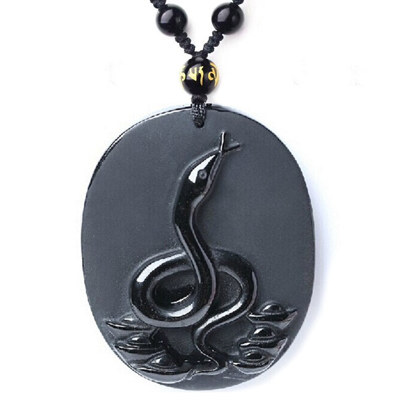 Handcrafted Natural Black Obsidian Snake Pendant Necklace